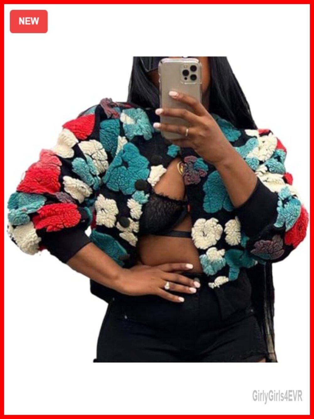 Cropped Floral Print Shacket Bomber Jacket Long Sleeve Button Down